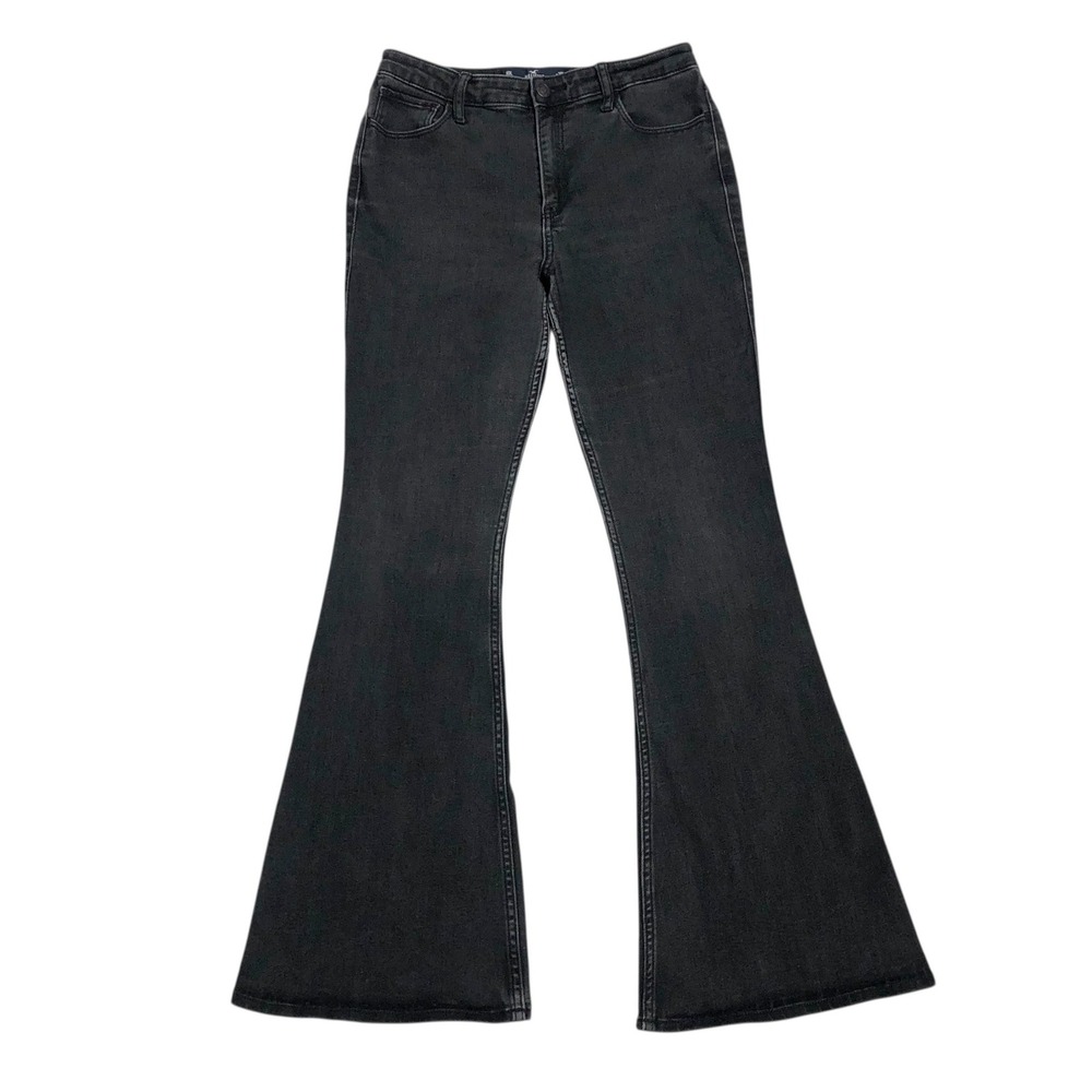 Hollister High Rise Flare Jeans Black Wash Soft Stretch Size 10L W30L Boho Retro